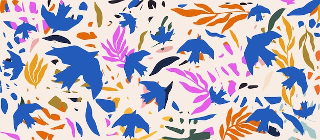 Fondo vectorial inspirado en terrazo con formas abstractas dispersas, chips de pájaros, hojas y flores