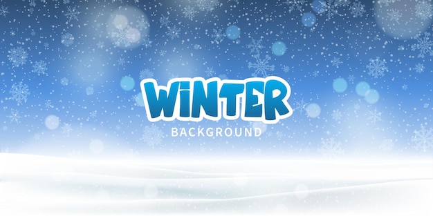 Fondo vectorial de invierno con copos de nieve y colinas