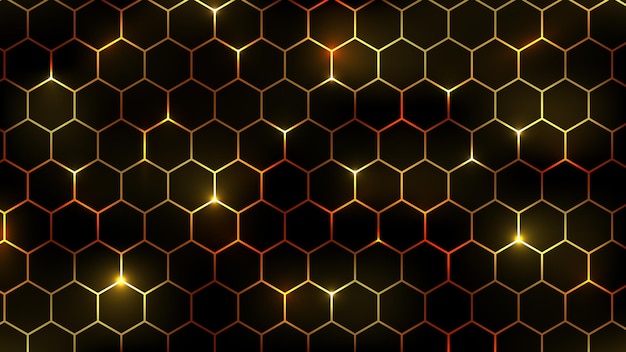 Fondo vectorial de juego hexagonal oscuro patrón de cuadrícula dorada de hexágono tecnológico