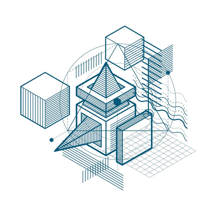 Vector fondo vectorial con líneas y figuras isométricas abstractas. plantilla hecha con cubos, hexágonos, cuadrados, rectángulos y diferentes elementos abstractos.