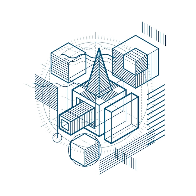 Fondo vectorial con líneas y figuras isométricas abstractas. Plantilla hecha con cubos, hexágonos, cuadrados, rectángulos y diferentes elementos abstractos.