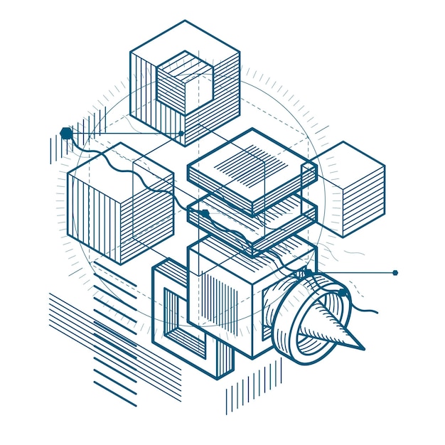 Fondo vectorial con líneas y figuras isométricas abstractas. plantilla hecha con cubos, hexágonos, cuadrados, rectángulos y diferentes elementos abstractos.