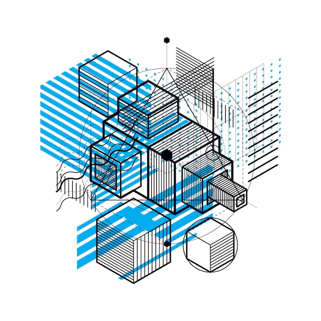 Fondo vectorial con líneas y figuras isométricas abstractas. Plantilla hecha con cubos, hexágonos, cuadrados, rectángulos y diferentes elementos abstractos.