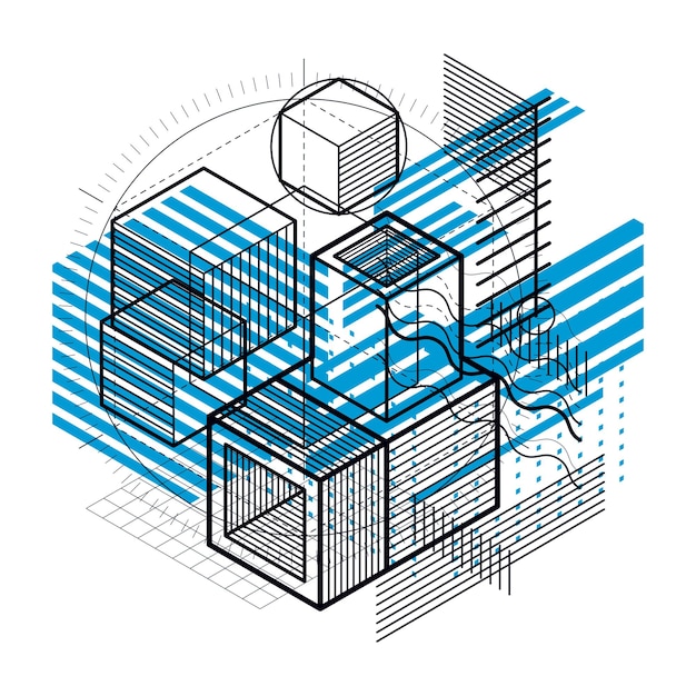 Fondo vectorial con líneas y figuras isométricas abstractas. Plantilla hecha con cubos, hexágonos, cuadrados, rectángulos y diferentes elementos abstractos.