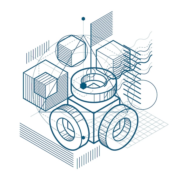 Fondo vectorial con líneas y figuras isométricas abstractas. Plantilla hecha con cubos, hexágonos, cuadrados, rectángulos y diferentes elementos abstractos.