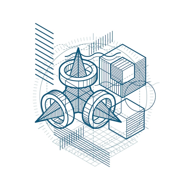 Fondo vectorial con líneas y figuras isométricas abstractas. Plantilla hecha con cubos, hexágonos, cuadrados, rectángulos y diferentes elementos abstractos.