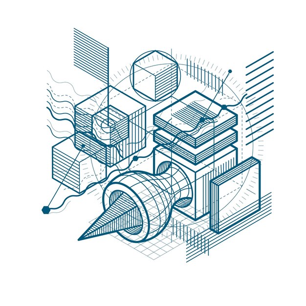 Fondo vectorial con líneas y figuras isométricas abstractas. Plantilla hecha con cubos, hexágonos, cuadrados, rectángulos y diferentes elementos abstractos.