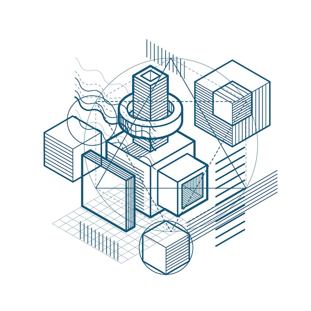 Fondo vectorial con líneas y figuras isométricas abstractas. Plantilla hecha con cubos, hexágonos, cuadrados, rectángulos y diferentes elementos abstractos.