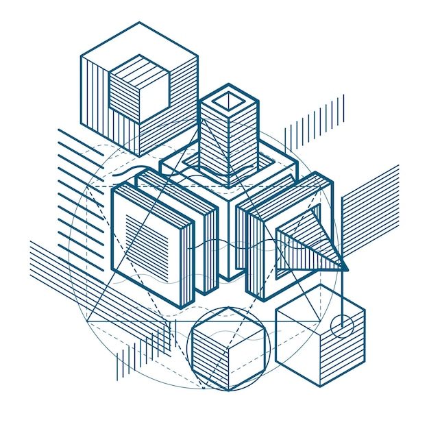 Fondo vectorial con líneas y figuras isométricas abstractas. Plantilla hecha con cubos, hexágonos, cuadrados, rectángulos y diferentes elementos abstractos.