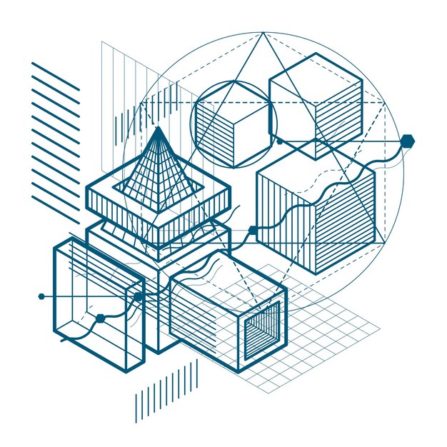 Fondo vectorial con líneas y figuras isométricas abstractas. Plantilla hecha con cubos, hexágonos, cuadrados, rectángulos y diferentes elementos abstractos.
