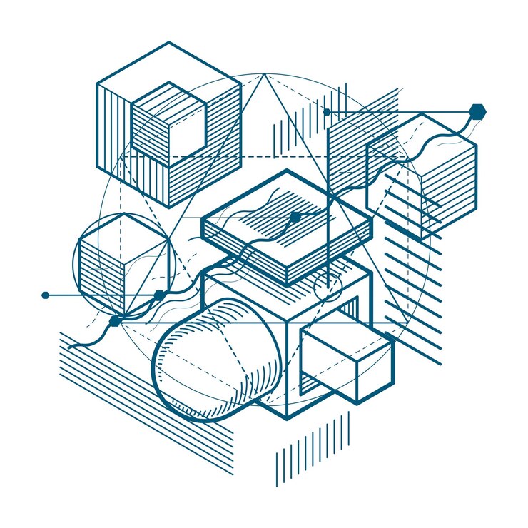 Vector fondo vectorial con líneas y figuras isométricas abstractas. plantilla hecha con cubos, hexágonos, cuadrados, rectángulos y diferentes elementos abstractos.