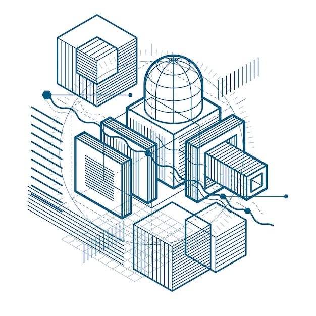 Fondo vectorial con líneas y figuras isométricas abstractas. Plantilla hecha con cubos, hexágonos, cuadrados, rectángulos y diferentes elementos abstractos.