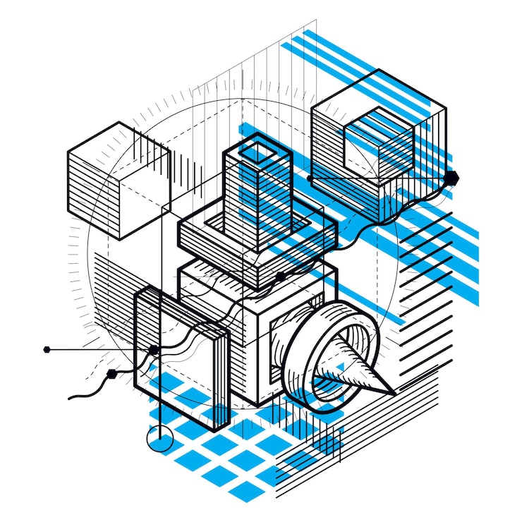Vector fondo vectorial con líneas y figuras isométricas abstractas. plantilla hecha con cubos, hexágonos, cuadrados, rectángulos y diferentes elementos abstractos.