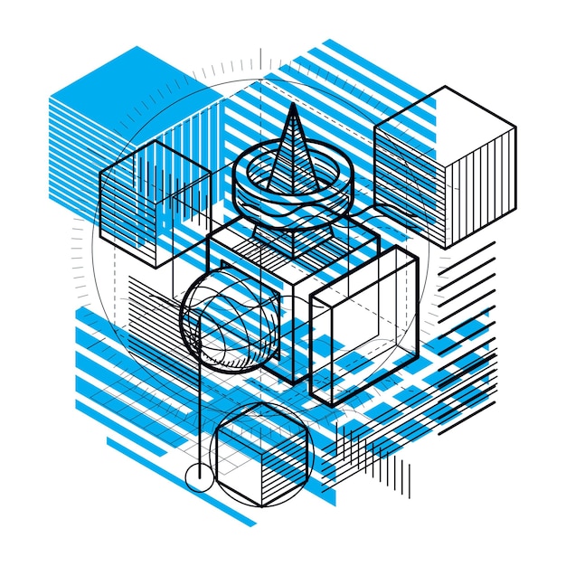 Fondo vectorial con líneas y figuras isométricas abstractas. Plantilla realizada con cubos, hexágonos, cuadrados, rectángulos y diferentes elementos abstractos.