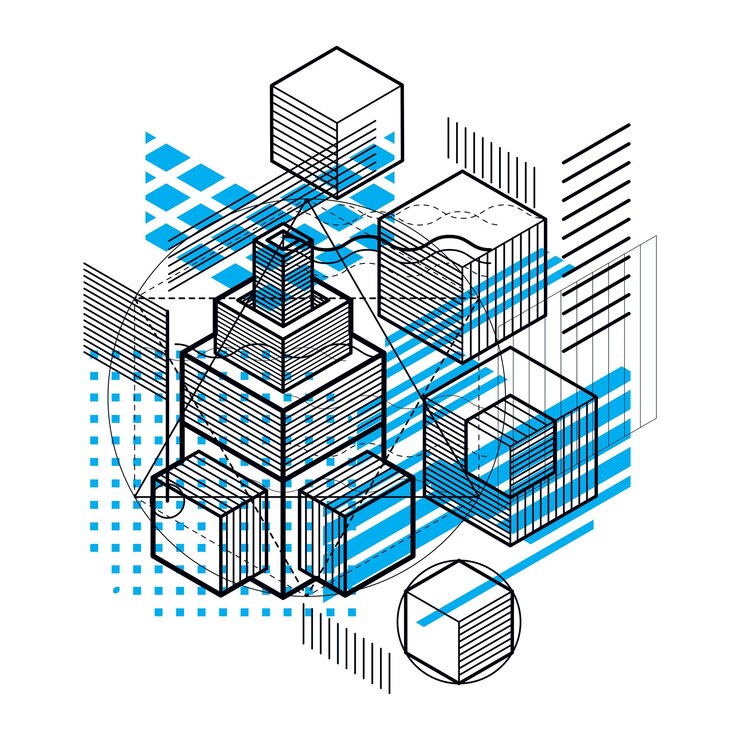 Vector fondo vectorial con líneas y figuras isométricas abstractas. plantilla realizada con cubos, hexágonos, cuadrados, rectángulos y diferentes elementos abstractos.