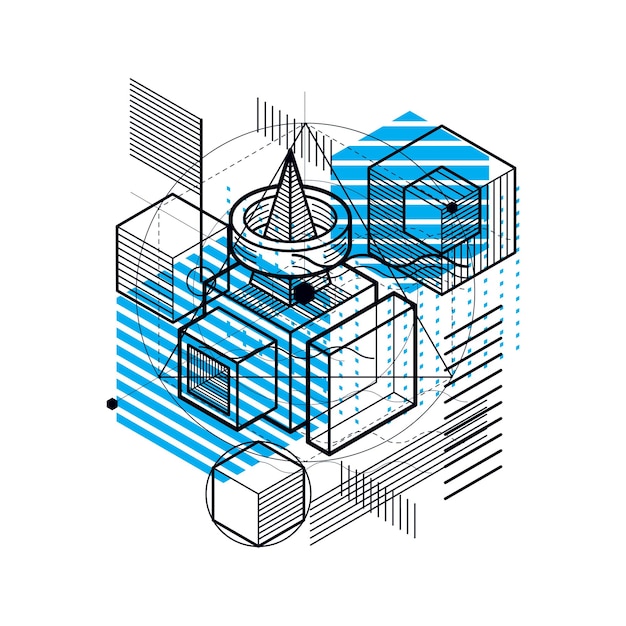 Fondo vectorial con líneas y figuras isométricas abstractas. Plantilla realizada con cubos, hexágonos, cuadrados, rectángulos y diferentes elementos abstractos.