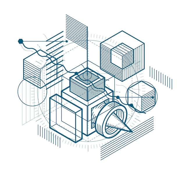 Fondo vectorial con líneas y figuras isométricas abstractas. Plantilla realizada con cubos, hexágonos, cuadrados, rectángulos y diferentes elementos abstractos.