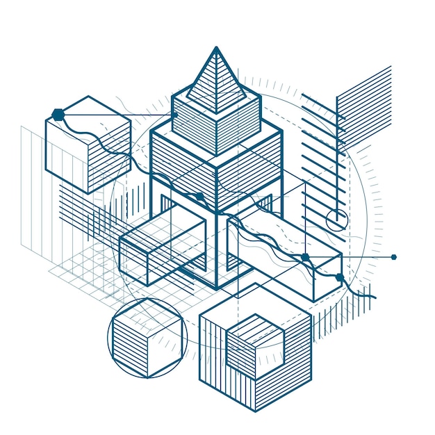 Fondo vectorial con líneas y figuras isométricas abstractas. Plantilla realizada con cubos, hexágonos, cuadrados, rectángulos y diferentes elementos abstractos.