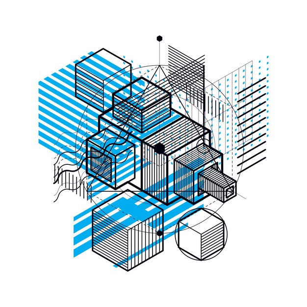 Fondo vectorial con líneas y figuras isométricas abstractas. Plantilla realizada con cubos, hexágonos, cuadrados, rectángulos y diferentes elementos abstractos.