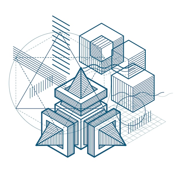 Fondo vectorial con líneas y figuras isométricas abstractas. Plantilla realizada con cubos, hexágonos, cuadrados, rectángulos y diferentes elementos abstractos.