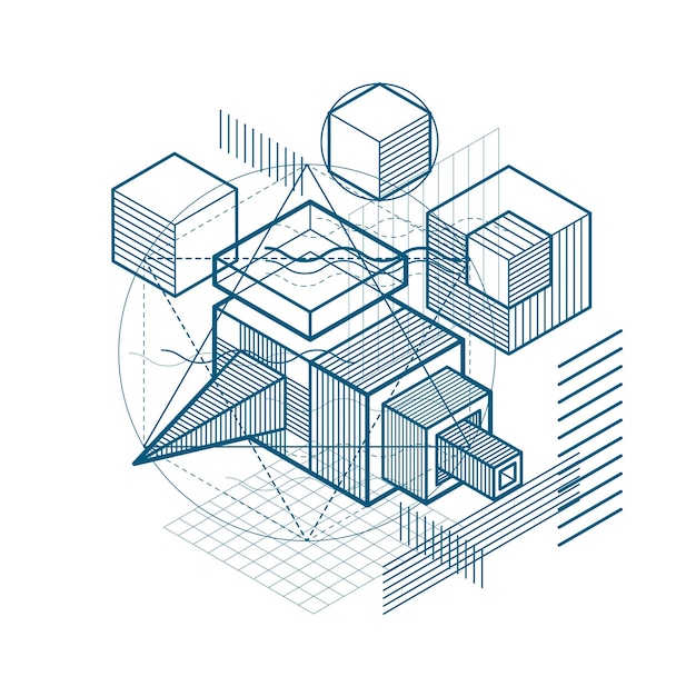 Fondo vectorial con líneas y figuras isométricas abstractas. Plantilla realizada con cubos, hexágonos, cuadrados, rectángulos y diferentes elementos abstractos.