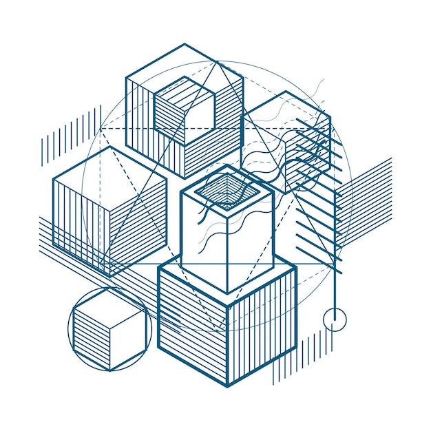 Fondo vectorial con líneas y figuras isométricas abstractas. Plantilla realizada con cubos, hexágonos, cuadrados, rectángulos y diferentes elementos abstractos.