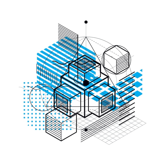 Fondo vectorial con líneas y figuras isométricas abstractas. Plantilla realizada con cubos, hexágonos, cuadrados, rectángulos y diferentes elementos abstractos.