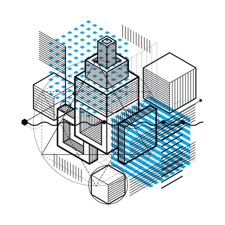 Vector fondo vectorial con líneas y figuras isométricas abstractas. plantilla realizada con cubos, hexágonos, cuadrados, rectángulos y diferentes elementos abstractos.