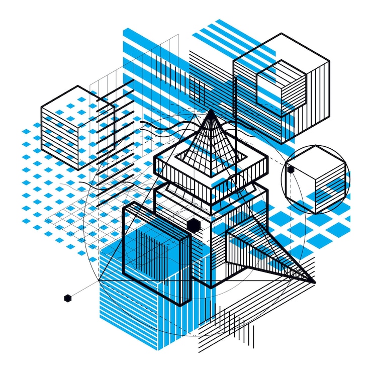Vector fondo vectorial con líneas y figuras isométricas abstractas. plantilla realizada con cubos, hexágonos, cuadrados, rectángulos y diferentes elementos abstractos.