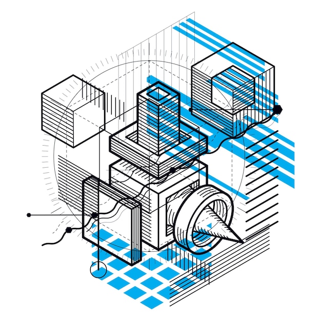 Fondo vectorial con líneas y figuras isométricas abstractas. Plantilla realizada con cubos, hexágonos, cuadrados, rectángulos y diferentes elementos abstractos.