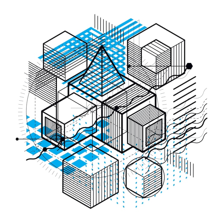 Vector fondo vectorial con líneas y figuras isométricas abstractas. plantilla realizada con cubos, hexágonos, cuadrados, rectángulos y diferentes elementos abstractos.