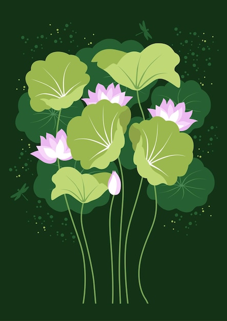 Fondo vectorial con lotos rosas y hojas verdes sobre un fondo oscuro Plantilla de diseño elegante con lotos Flor Nelumbo nucifera para postales, pancartas, invitaciones, diseño de portada y embalaje.