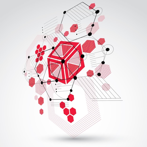 Fondo vectorial modular Bauhaus 3d, creado a partir de figuras geométricas como hexágonos, círculos y líneas. Para uso como cartel publicitario o diseño de pancartas. Esquema mecánico abstracto realizado en color rojo.
