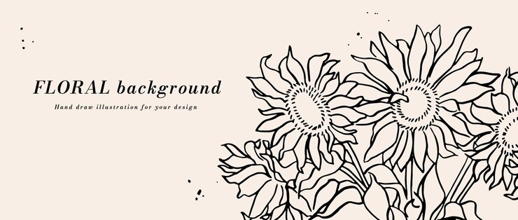 Fondo vectorial o estandarte con boceto de tinta girasoles y plantilla de tipografía papel tapiz web arte floral lineal con ilustración botánica