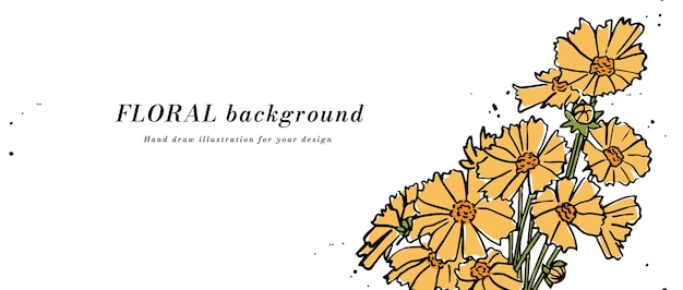Fondo vectorial o estandarte con flores amarillas de coreopsis y plantilla de tipografía Tapa de pared web Arte floral lineal con ilustración botánica