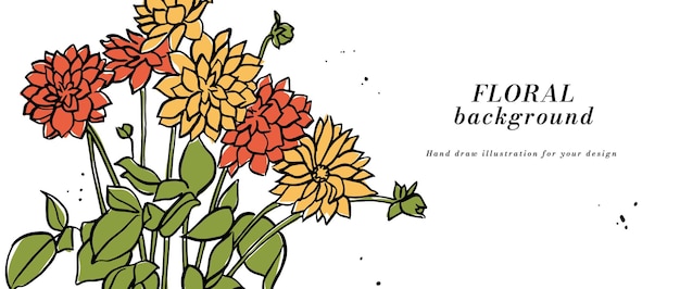 Fondo vectorial o estandarte con flores de crisantemos rojos y amarillos y plantilla de tipografía tapa de pared web arte floral lineal con ilustración botánica