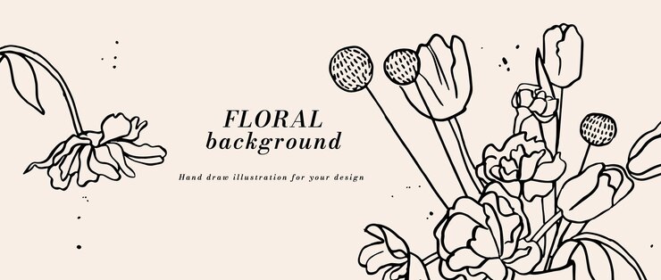 Fondo vectorial o estandarte con tinta boceto de tulipanes flores y plantilla de tipografía papel tapiz web arte floral lineal con ilustración botánica