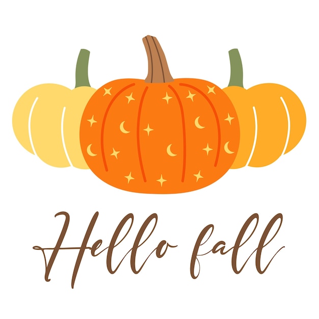 Fondo vectorial de otoño con bonitas calabazas de otoño decoradas en color púrpura y texto de saludo de otoño