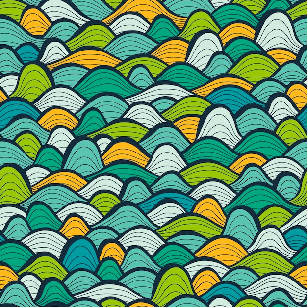 Fondo vectorial de patrones de ondas sin costuras con elementos de diseño dibujados a mano