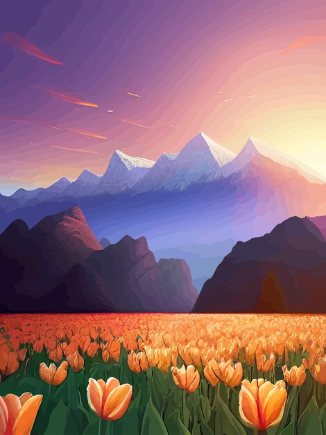 Fondo vectorial de primavera paisaje holandés con tulipanes campos árboles colinas montañas florales verticales