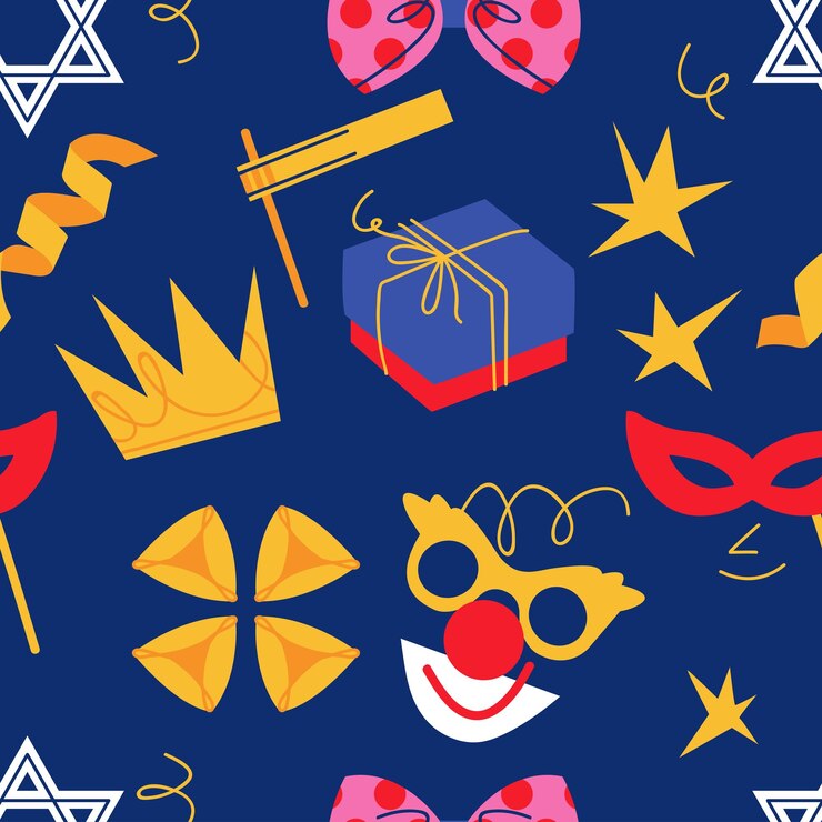 Fondo vectorial con símbolos de carnaval y artículos judíos tradicionales Concepto Happy Purim