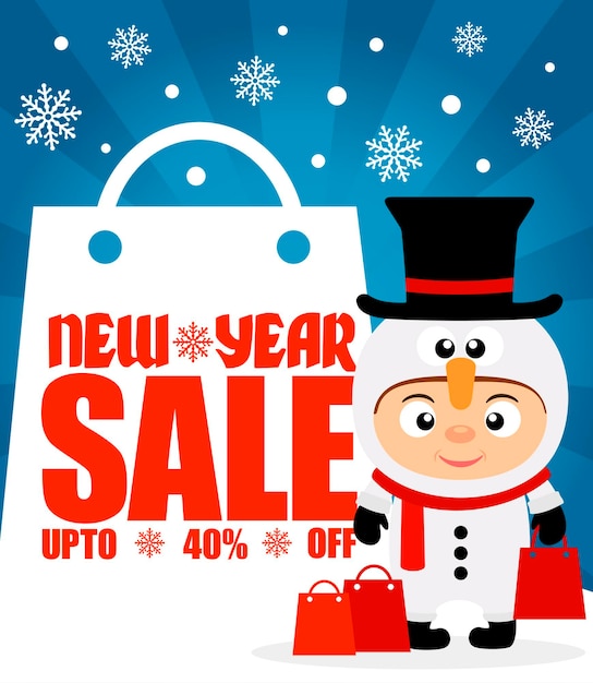 Fondo de venta de año nuevo hasta 40 de descuento con niño disfrazado de muñeco de nieve