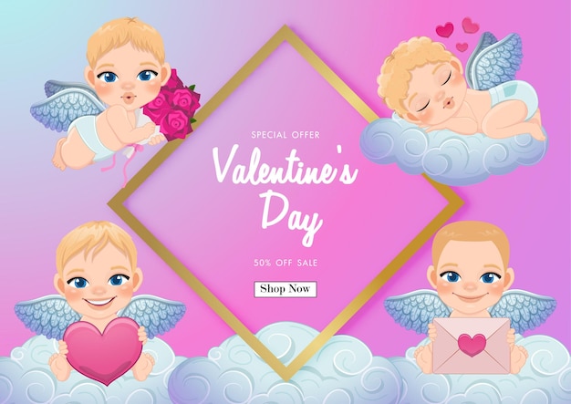 Fondo de venta de día de San Valentín con cupidos lindos diferentes actividades en vector de cielo pastel