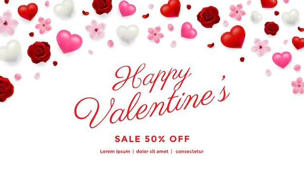 Fondo de venta de día de San Valentín con flores y corazones