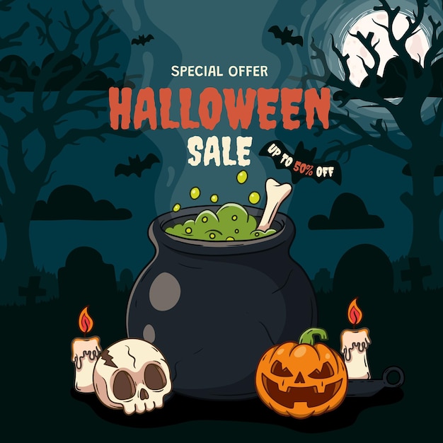 Fondo de venta feliz de Halloween con elementos espeluznantes de Halloween