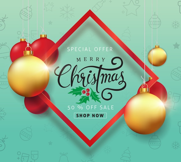 Fondo de venta de feliz Navidad con adorno de bola de Navidad y patrón de icono.