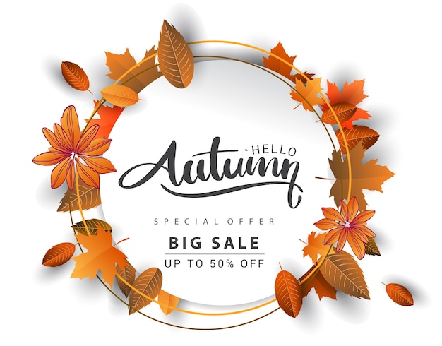 Fondo de venta de otoño, caligrafía de otoño dibujada a mano con hojas caídas, banner web, venta de compras o cartel de temporada, postal y tarjeta de invitación. Ilustración vectorial