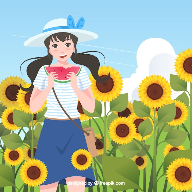 Vector fondo de verano con chica en campo de girasoles