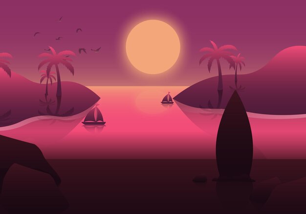 Fondo de verano degradado con puesta de sol en la playa. ilustración vectorial.