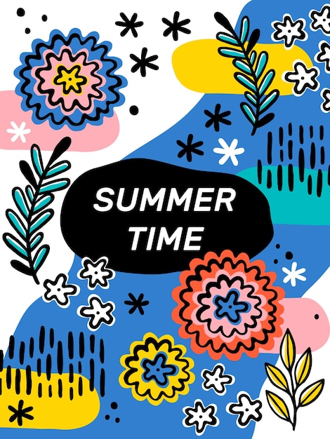 Fondo de verano con elementos de plantas de flores y formas abstractas